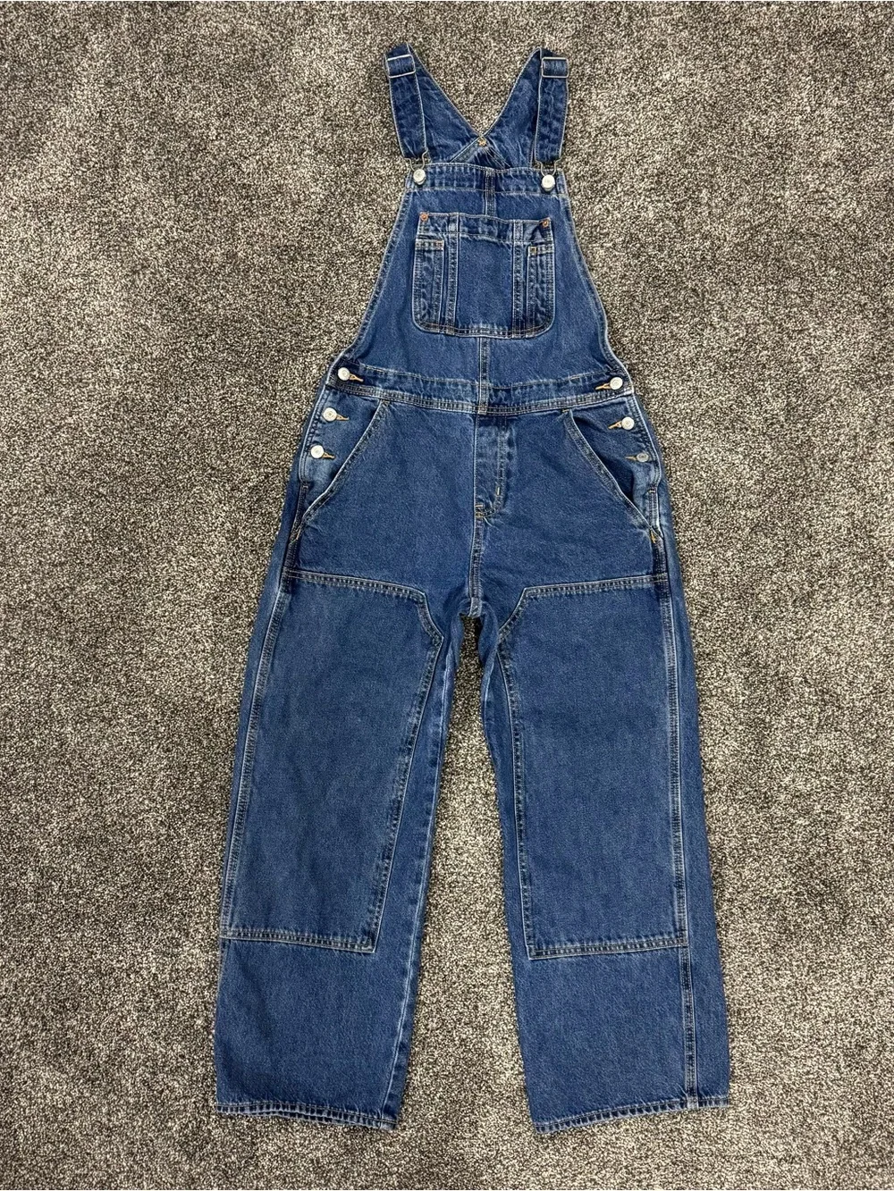 Old Navy Baggy Wide Leg Bib Overalls Women 4 Blue Double Knee Medium Wash Denim